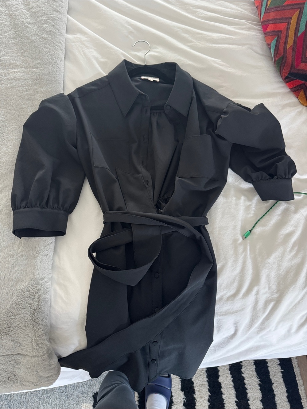 cinq a sept Black Mini Shirt Dress with Tie Waist
